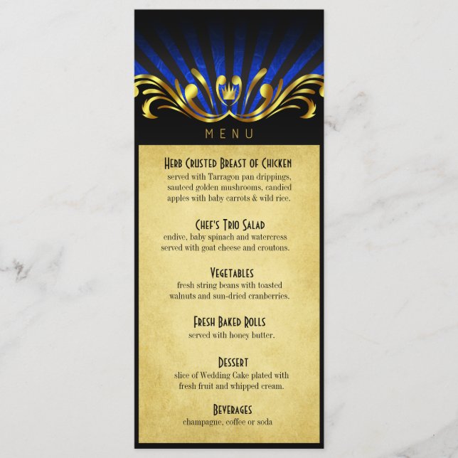 Kunst Nouveau Vegas Abendessen-Menüblau Menükarte (Vorderseite)
