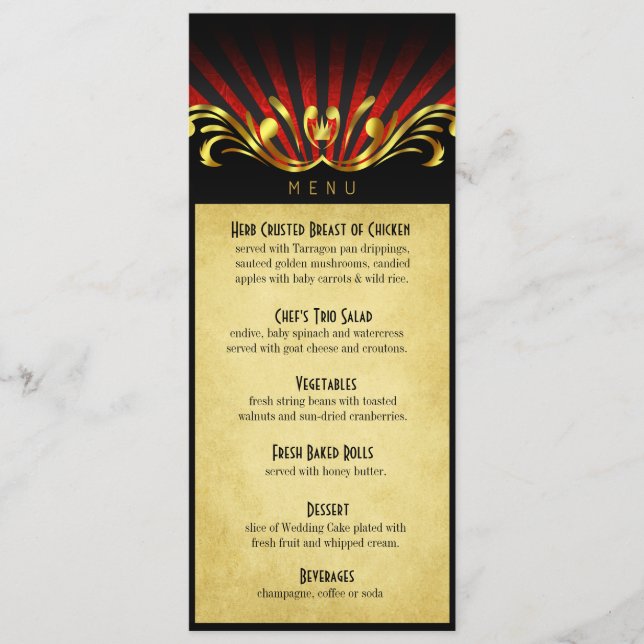 Kunst Nouveau Vegas Abendessen-Menürot Menükarte (Vorderseite)