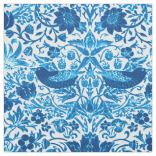 Kunst Nouveau Vogel und Blumen-Tapisserie, Blau u. Stoff
