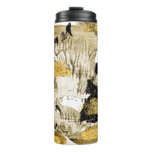 Kunst und Gold. Trendfarben mit goldener Farbe und Thermosbecher