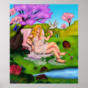 Kunst Venus und fliegende weiße Taube im Garten Ed Poster