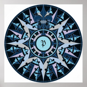 Kunst zeichnend, antike Kompass-Rose, Monogramm hi Poster