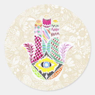 Kunsthandwerk Hamsa Hand und Blumen Zeichnungen Runder Aufkleber