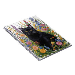 Kunsthandwerk Schwarze Katze und Blumen Stickereik Notizblock