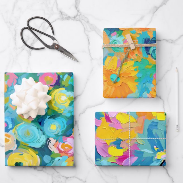 Kunsthandwerkermalte Blume Bunte Fun Florals Geschenkpapier Set (Vorderseite)