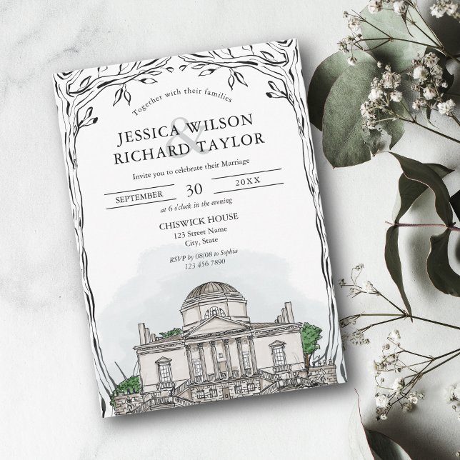 Kunsthandwerkliche Illustration Einladung (custom watercolor wedding venue illustration)