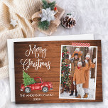 Kunsthandwerkskalligrafie Weihnachtsbaumholz Feiertagskarte<br><div class="desc">Moderne Fun Calligrafie Script Wasserfarbe Vintager Red Truck mit Weihnachtsbaum Frohe Weihnachtsfamilie Foto Holiday Card - Rustikales Land Holz,  Candy Cane Striped Craft Band</div>