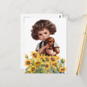 Kunstkarte 'Kleiner Junge hält Dachshund' Postkarte