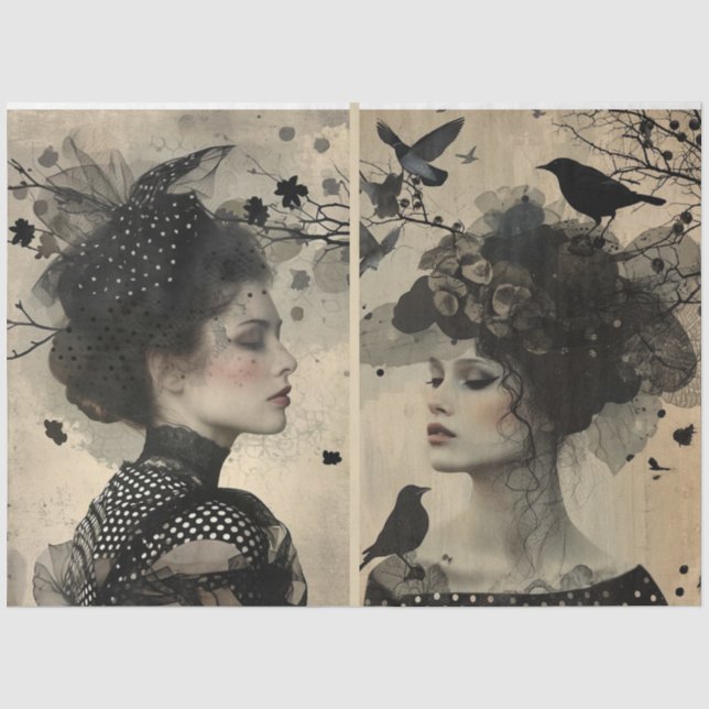 Künstler Mixed Media Black Cream große Gesichter Seidenpapier (Vorderseite)