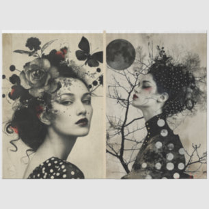 Künstler Mixed Media Black Cream Large Faces 2 Seidenpapier