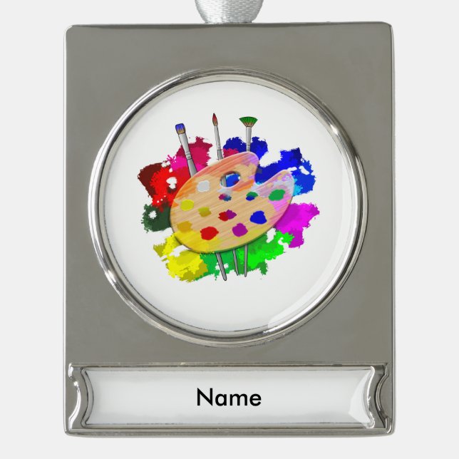 Künstler-Palette und Bürsten Banner-Ornament Silber (Vorderseite)