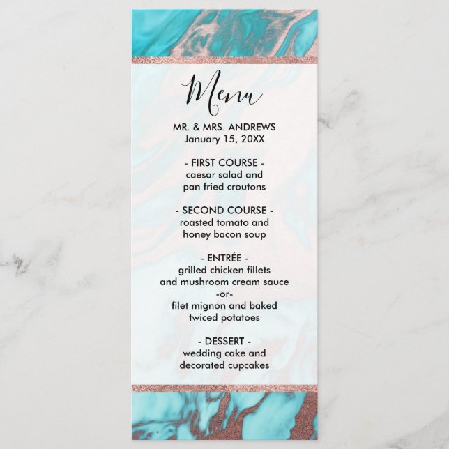 Künstlerisch Chic Rose Gold Aqua Mint Blaues Marmo Menükarte (Vorderseite)