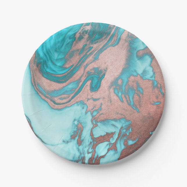 Künstlerisch Chic Rose Gold Aqua Mint Blaues Marmo Pappteller (Vorderseite)