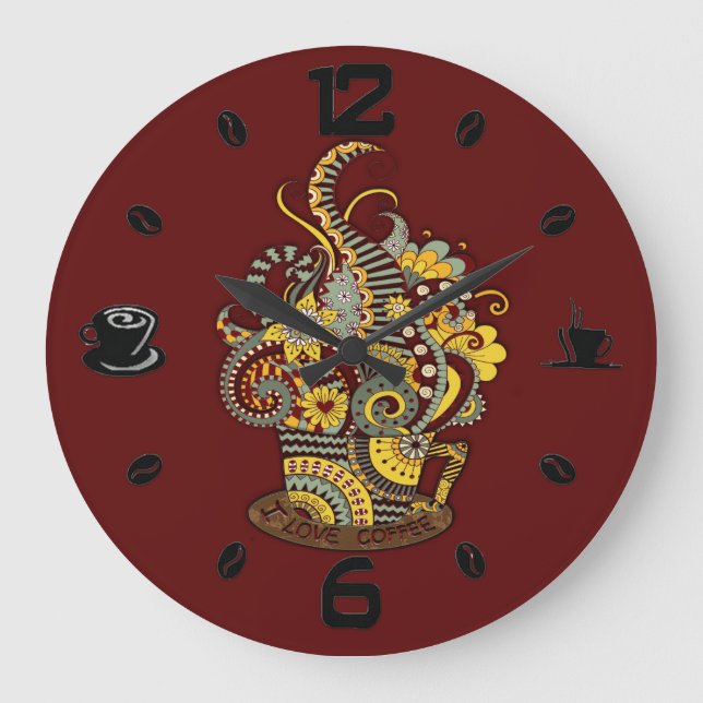 Künstlerisch-Cofee-doodle-zeichnend Kunst Große Wanduhr (Vorderseite)