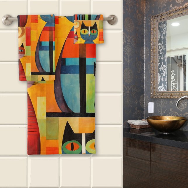 Künstlerisch farbenfrohe Katzen Moderne Badhandtuch Set (A colorful bathroom towel set with a painting of cute cats. Fun and eye-catching for the bathroom)