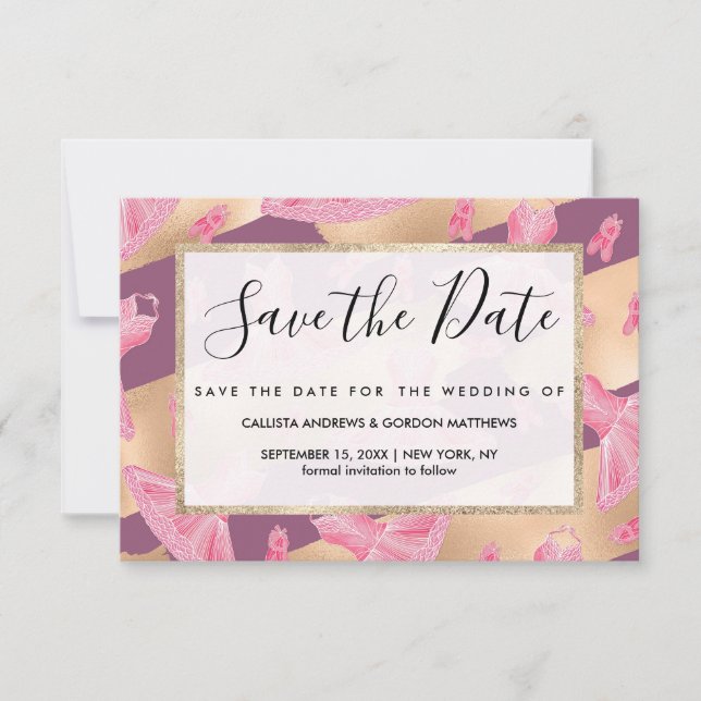 Künstlerisch Girly Pink Gold Lila Ballerina Dress  Save The Date (Vorderseite)