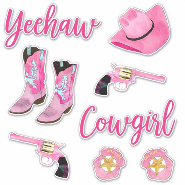 Künstlerisch Niedlich Girl Pink Aquamarin Cowgirl  Aufkleber (Vorderseite)