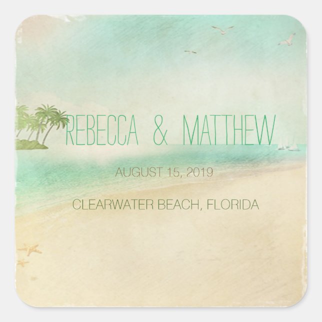 Künstlerisch Retro Vintager Friedlicher Strand Hoc Quadratischer Aufkleber (Vorderseite)