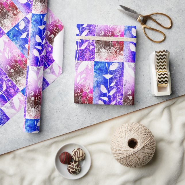 Künstlerisch rosa blaue gepolsterte Blätter Abstra Geschenkpapier (Kunsthandwerk)
