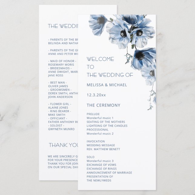 Künstlerische blaue Blumen Hochzeit Programm (Vorne/Hinten)