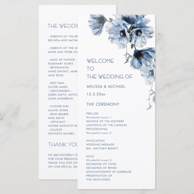 Künstlerische blaue Blumen Hochzeit Programm (Vorne/Hinten)