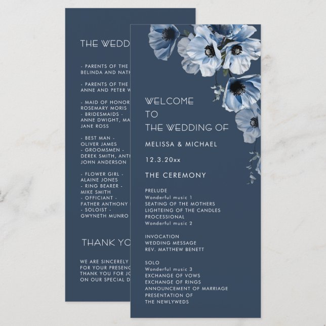 Künstlerische blaue Blumen Hochzeit Programm (Vorne/Hinten)