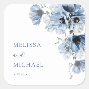 Künstlerische blaue Blumen Hochzeit Quadratischer Aufkleber