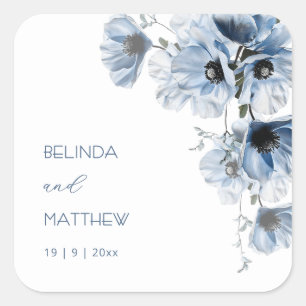 Künstlerische blaue Blumen Hochzeit Quadratischer Aufkleber