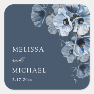 Künstlerische blaue Blumen   Hochzeit Quadratischer Aufkleber