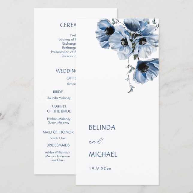Künstlerische blaue Blumen | Hochzeitsprogramm (Vorne/Hinten)