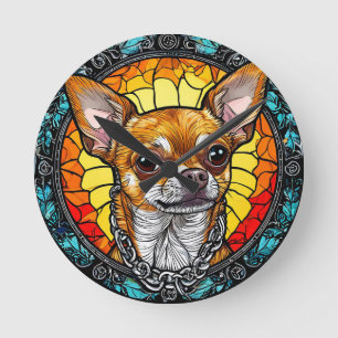 Künstlerische Chihuahua-Illustration in Buntglas Runde Wanduhr