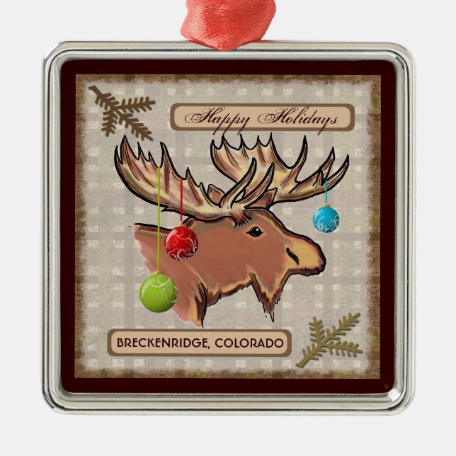 Künstlerische Elchverzierung Breckenridges Silbernes Ornament (Vorne)