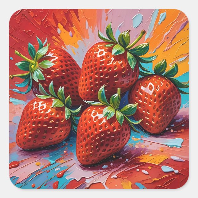 Künstlerische farbenfrohe, lackierte Erdbeeren Quadratischer Aufkleber (Vorderseite)
