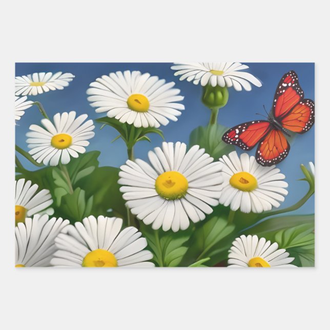 Künstlerische Fun Daisis und Schmetterlinge Geschenkpapier Set (Vorderseite)