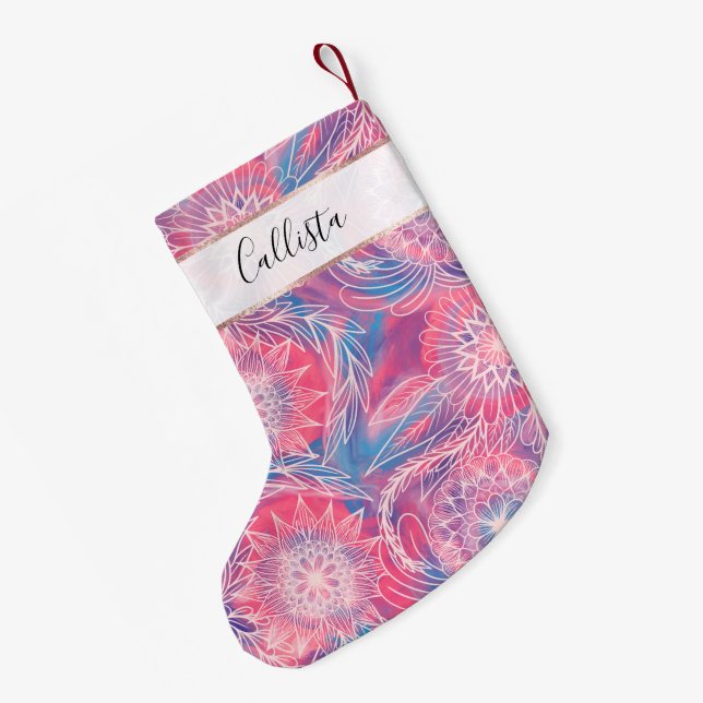 Künstlerische Girly Pink Blue Paint Floral Illustr Kleiner Weihnachtsstrumpf (Rückseite (Hängend))