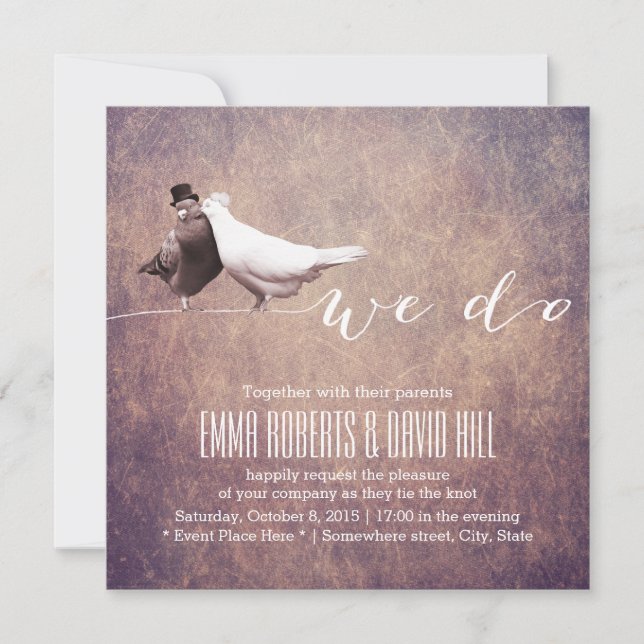 Künstlerische Grunge Love Vögel Hochzeit Einladung (Vorderseite)