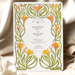 Künstlerische Jugendstil-Hochzeit Orange Lily Einladung<br><div class="desc">Treten Sie ein in die Zeit mit dieser exquisit künstlerischen Hochzeitseinladung, die tief inspiriert von der Eleganz der Jugendstil-Bewegung ist. Dieses Design besticht durch einen faszinierenden Rahmen aus stilisierten Lilien in einer warmen Farbpalette aus orangefarbenem, gelbem und weichem Pfirsich. Intrikierte, fließende grüne Weinberge bilden eine atemberaubende, Bio Grenze, die den...</div>