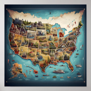 Künstlerische Karte der USA Poster