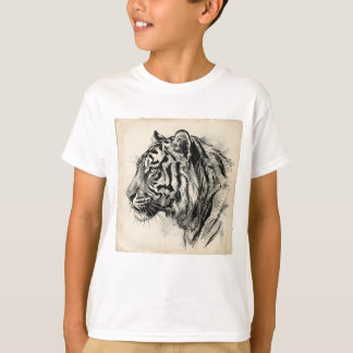 Künstlerische Kohle-Tiger-Profilskizze auf gealter T-Shirt