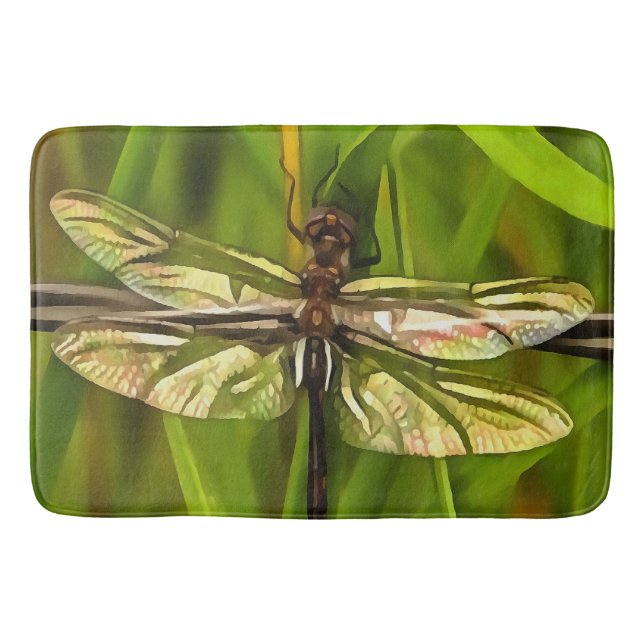 Künstlerische Libelle in Braun und Gelb auf Grün Badematte (Vorderseite)