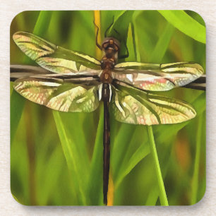 Künstlerische Libelle in Braun und Gelb auf Grün Getränkeuntersetzer