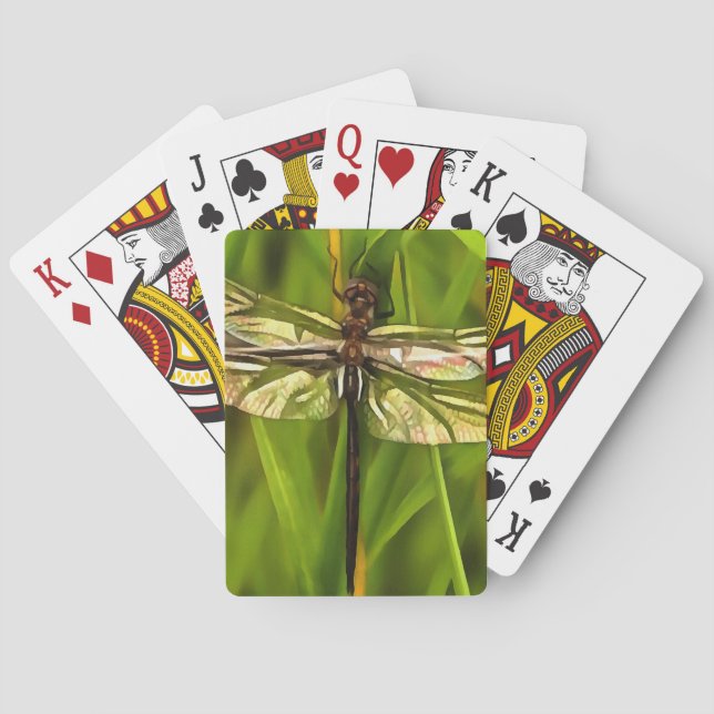 Künstlerische Libelle in Braun und Gelb auf Grün Spielkarten (Rückseite)