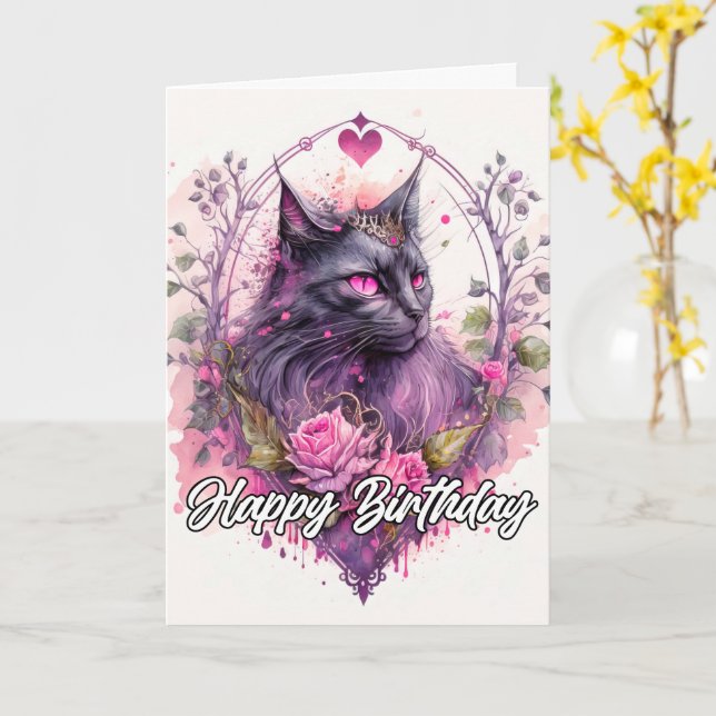 Künstlerische Majestic Kitty Cat Illustration Karte (Gelbe Blume)