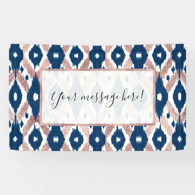 Künstlerische moderne Rose Gold Navy Blue Ikat Geo Banner (Horizontal)