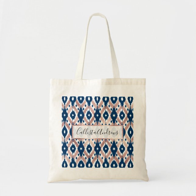 Künstlerische moderne Rose Gold Navy Blue Ikat Geo Tragetasche (Vorne)