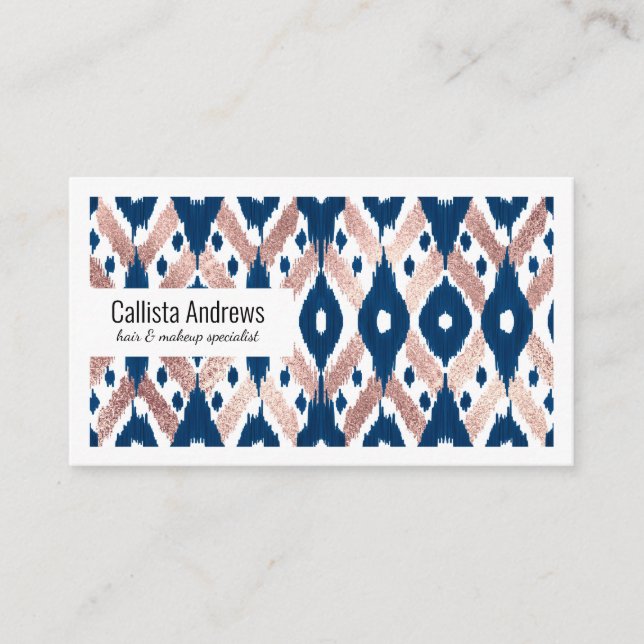 Künstlerische moderne Rose Gold Navy Blue Ikat Geo Visitenkarte (Vorderseite)