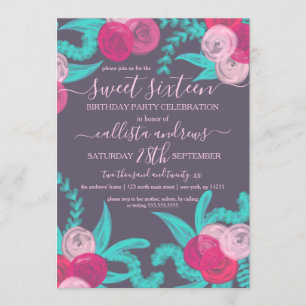 Künstlerische Neon Rosa Aquamarine Blume Sweet 16 Einladung