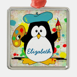 Künstlerische Pinguin Painter Personalize Silbernes Ornament