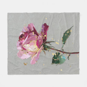 Künstlerische Pinke Rose & Goldblatt Fleecedecke