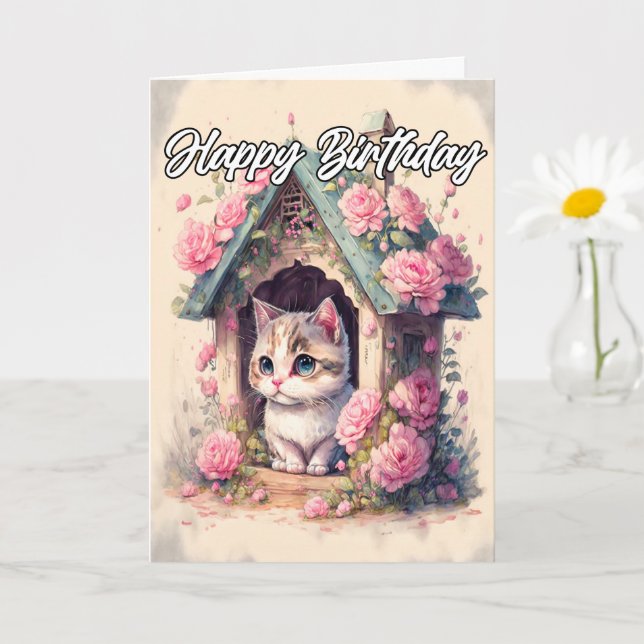 Künstlerische Posing Baby Kitten Illustration Karte (Kleine Pflanze)